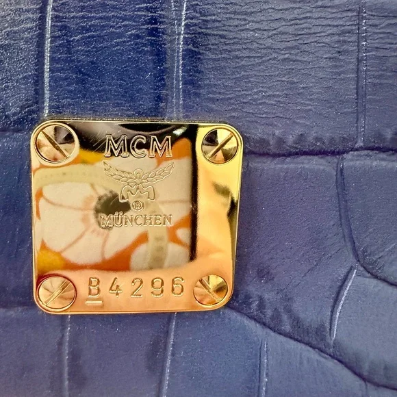 MCM Navy Crocodile Embossed Satchel with Gold Studs - Picture 4 of 11